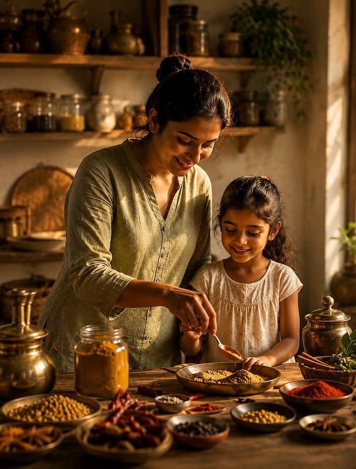 Mother and child preparing food with authentic Indian spices